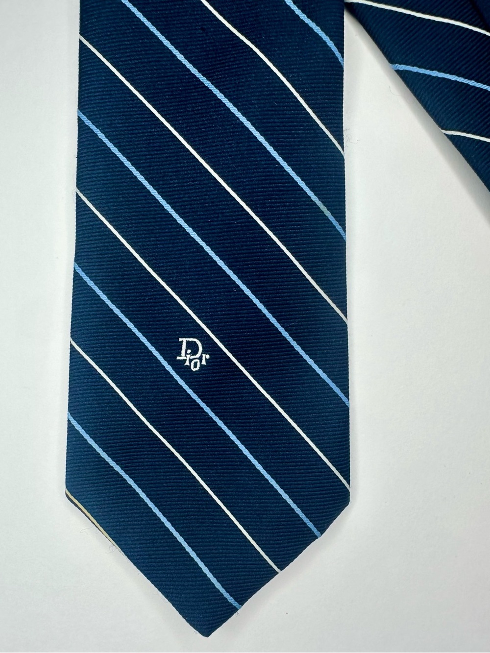 Vintage DIOR Embroidered Navy White & Blue Classic Striped Tie, 3.5”